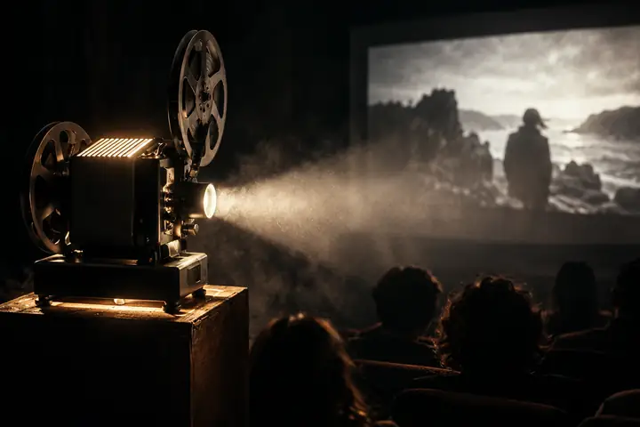 A cinema projector lighting a dark screening room