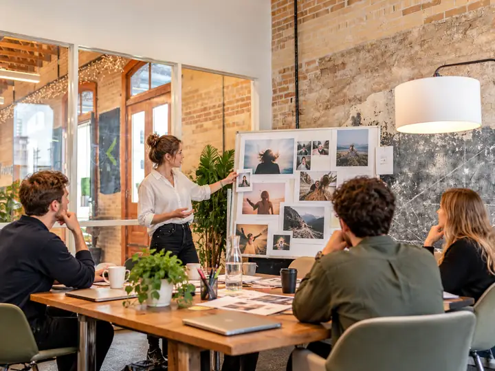 A creative team discussing a campaign around a table