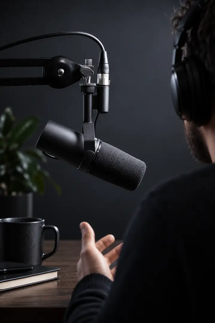 A studio microphone set up for recording a podcast