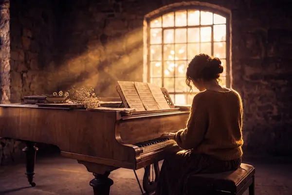 Soul Embrace: an upright piano in a warmly lit old room