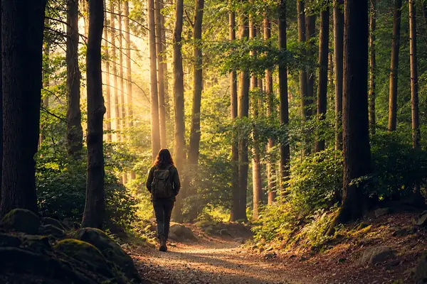 Nature Meditation: a quiet sunlit path winding through a green forest